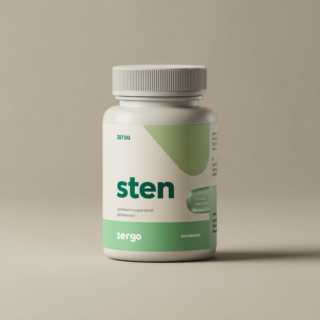 Moderná krabička doplnku stravy Sten s elegantným modrým dizajnom, tabletky v priesvitnom blistri, profesionálne produktové foto na čistom pozadí